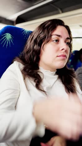 woman adjusting earbud, side profile on bus