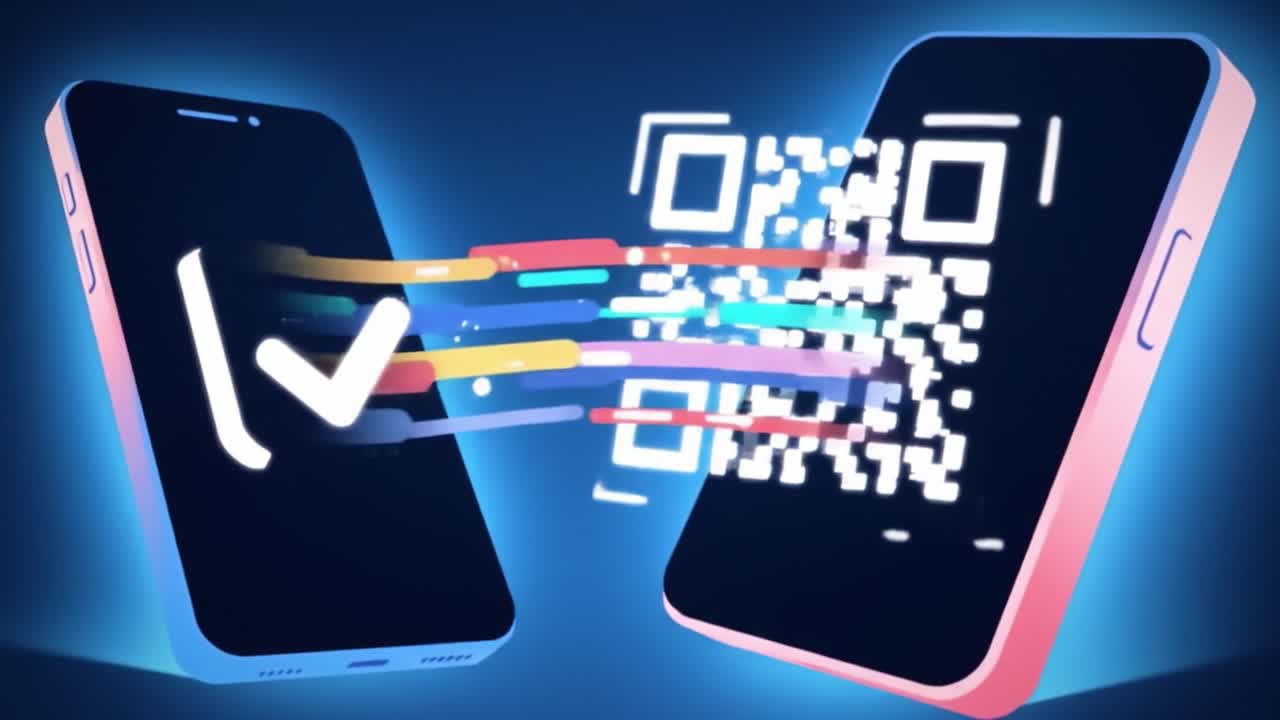 Two smartphones are shown exchanging data through a dynamic QR code. Colorful lines signify the seamless transfer of information, illustrating modern tech connectivity.