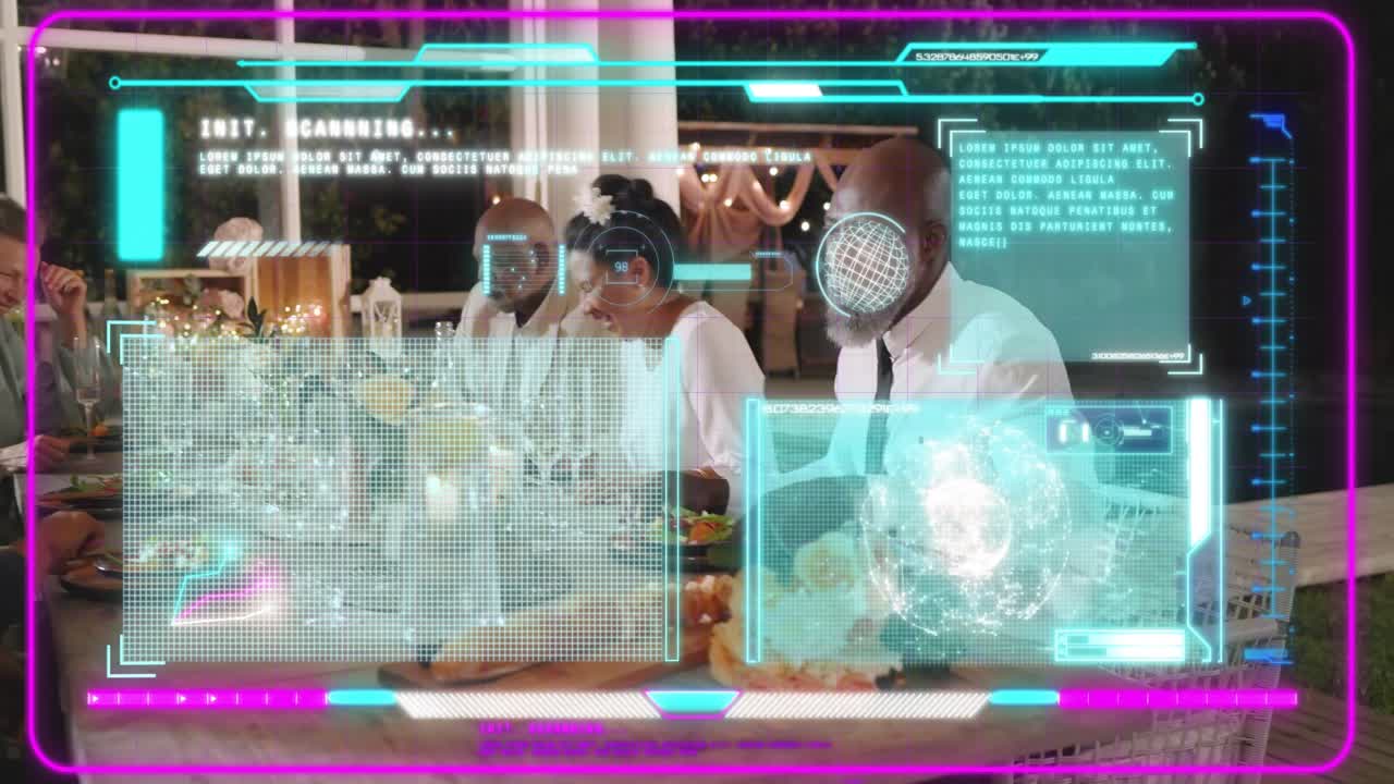 Social group toasting in restaurant, HUD initiating scan and overlaying guest data graphs