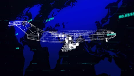 animation of data processing and 3d model of airplane on blue world map