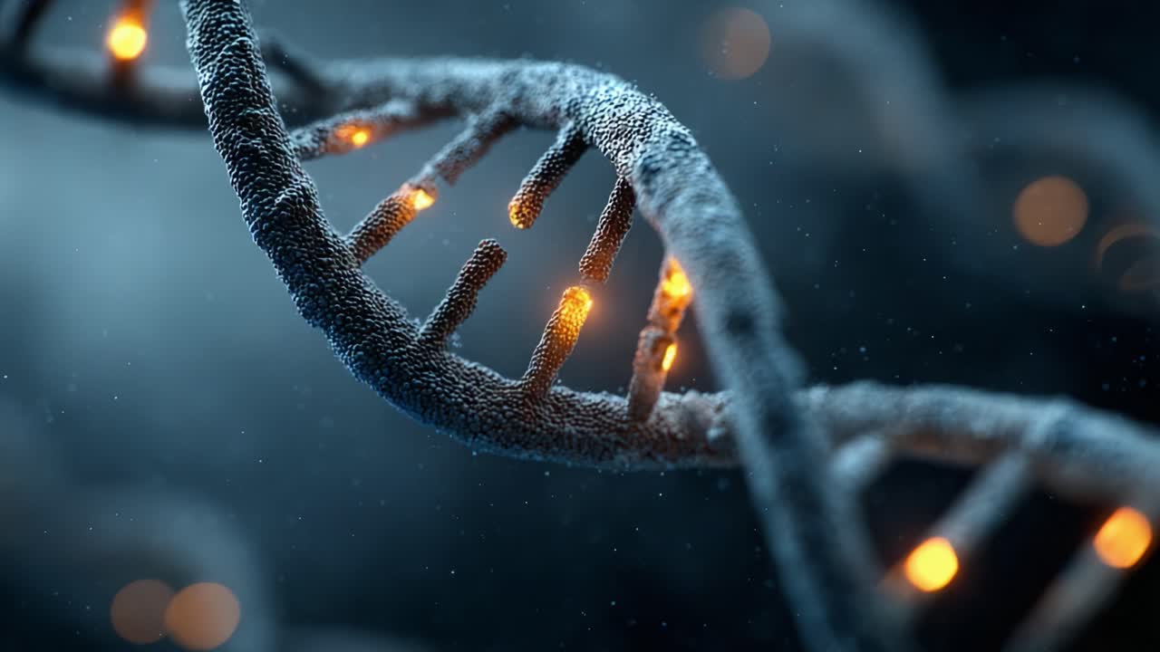 Un primo piano mozzafiato di una doppia elica di DNA illuminata da elementi luminosi, che mostra gli intricati dettagli del materiale genetico in una coinvolgente rappresentazione visiva.