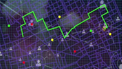 animación de la red de iconos de perfil y navegación gps contra el tráfico nocturno de la ciudad
