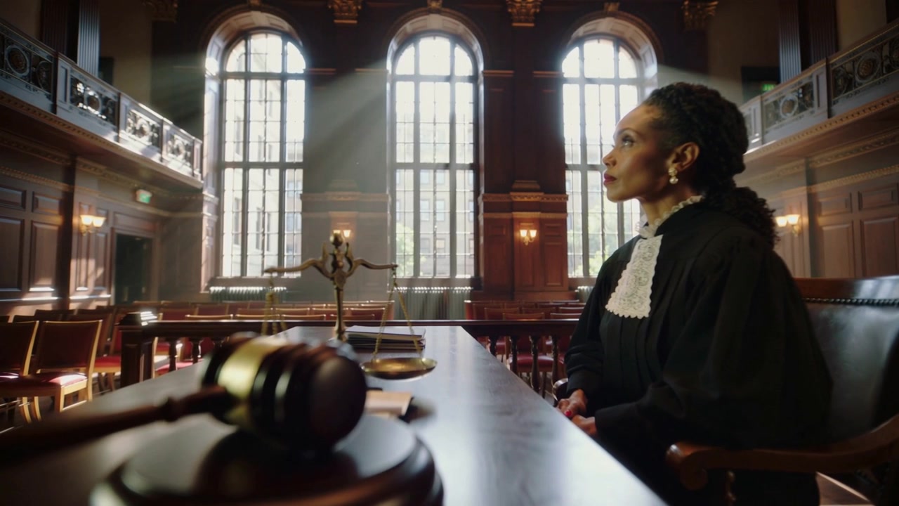 Camera pulling back, revealing windows and bench, judge shifting gaze, gavel, scales, copy space