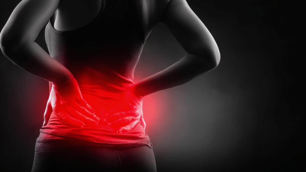 A person experiencing back pain highlighted in red, showcasing the discomfort and tension in the lower back region, emphasizing the common issue of back-related ailments and challenges