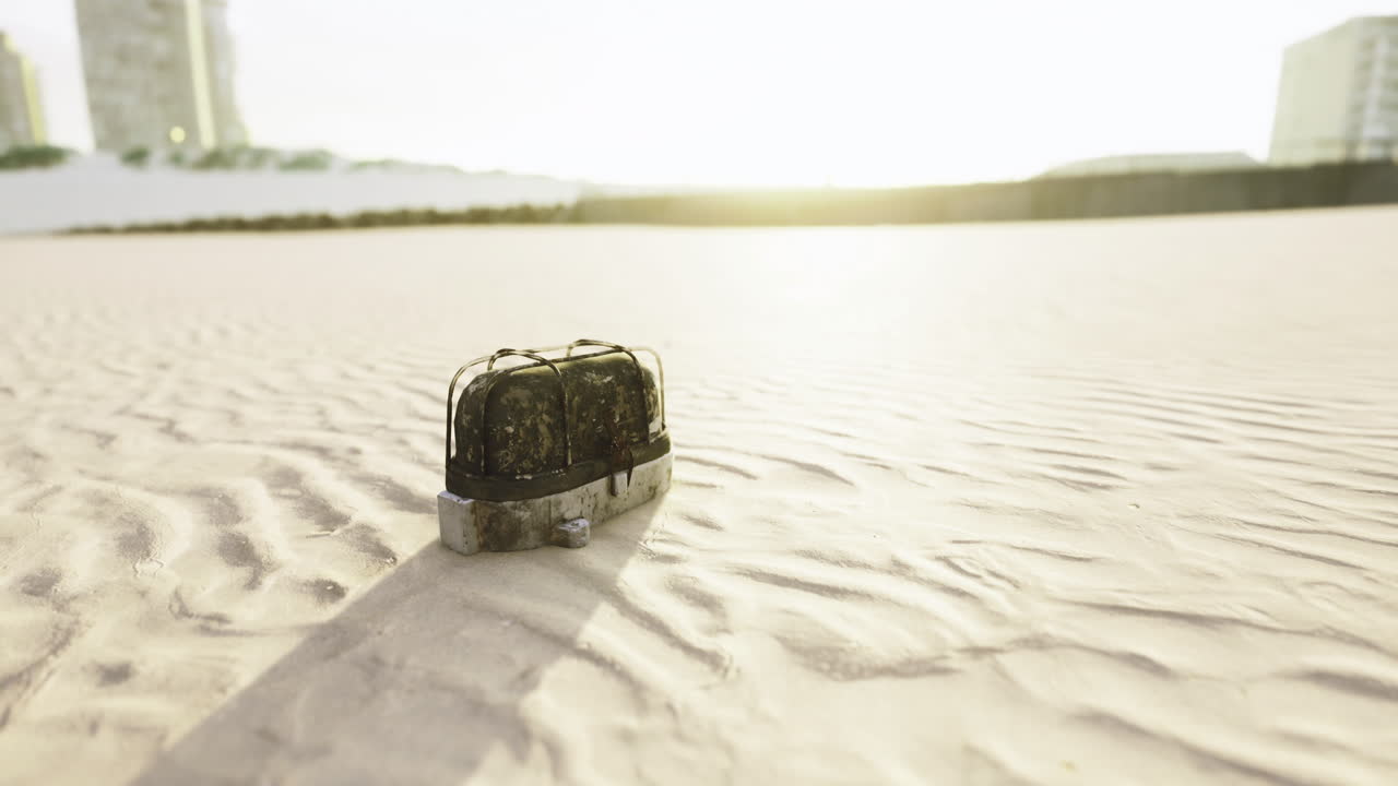 Unattended bag resting on sandy beach at sunset offers a moment of mystery