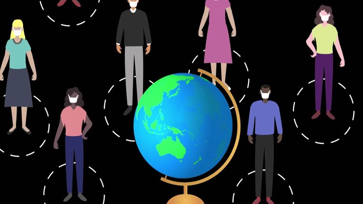 Spinning globe against multiple people wearing face mask icons on black background