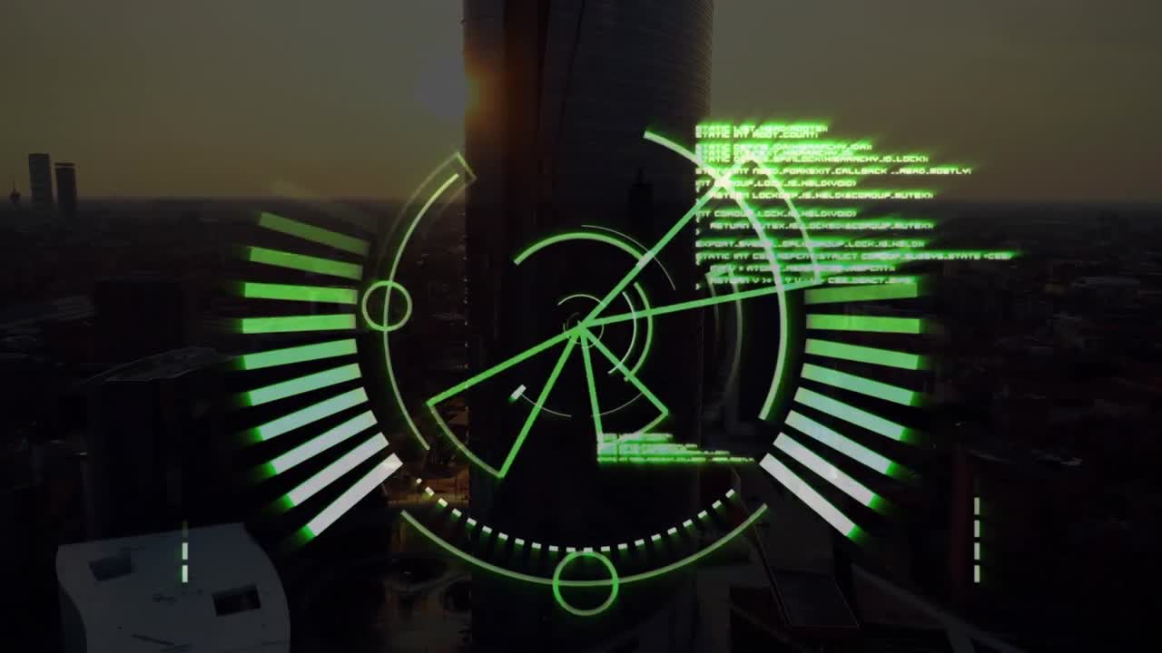 로딩 서클의 애니메이션과 컴퓨터 언어는 현대 도시 풍경의 공중 전망을 통해