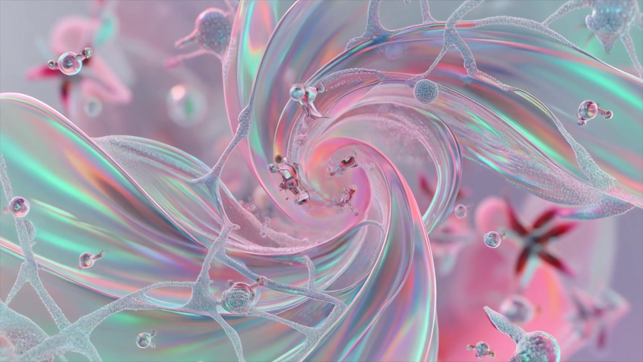 Animação 3D Abstrata de Formas Iridescentes Rodopiantes e Partículas Flutuantes