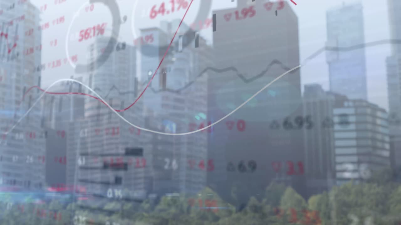 도시 배경에서 금융 데이터 및 통계 처리의 애니메이션