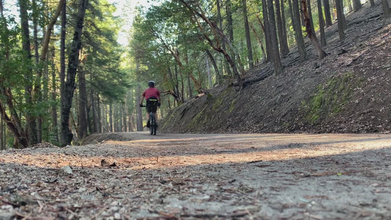 vista de ángulo bajo de un hombre joven que pasa en un sendero mtb, oregon