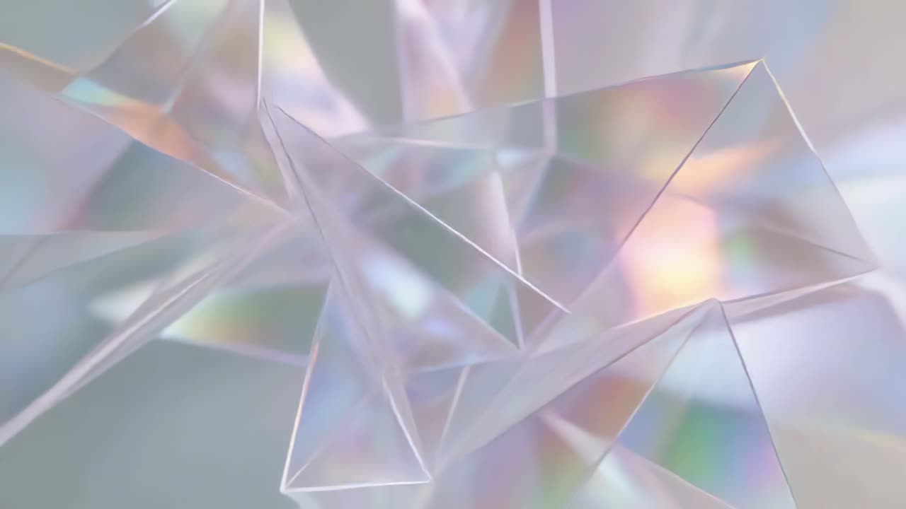 Moving camera causing prism cluster to shift closer in studio, revealing subtle iridescent shifts