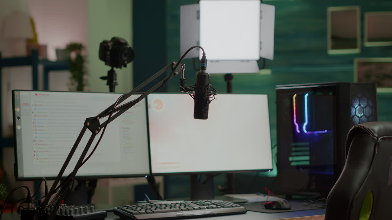 Empty streaming home studio equipped with professional equipment