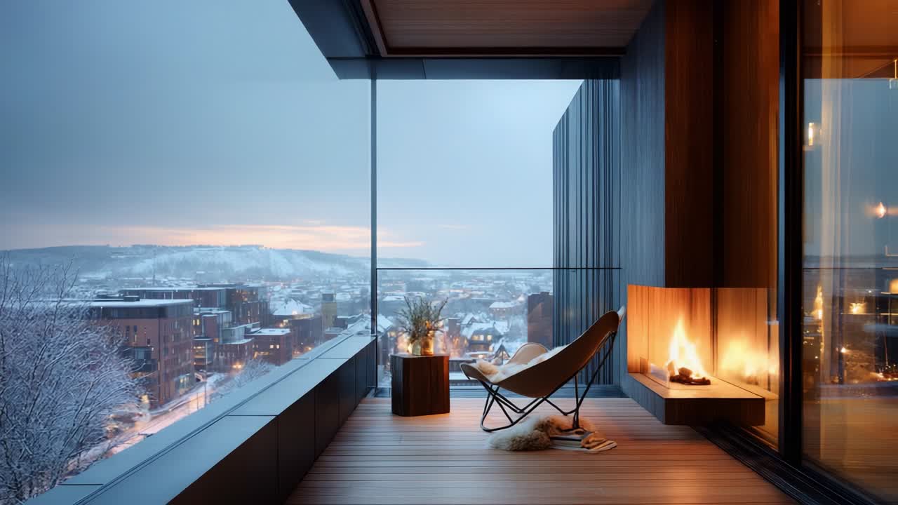 A Cozy Winter Evening on a Modern Balcony with Stunning Views of a Snowy Cityscape at Dusk, Featuring a Relaxing Chair, Warm Fireplace, and Soft Illumination for Perfect Ambiance