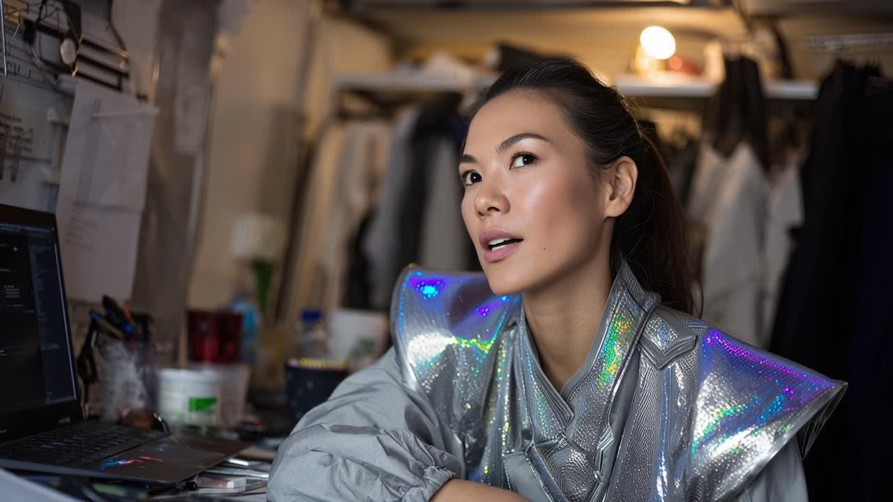 未来的な虹色の衣装をまとった若い女性が思慮深げに見える。彼女の視線は遠く、瞑想か集中を示唆している。薄暗いクリエイティブな作業空間の散らかった机に座る。