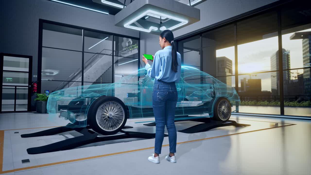 태블릿을 사용하는 여성이 가상 현실 기술을 사용하여 자동차를 설계합니다.