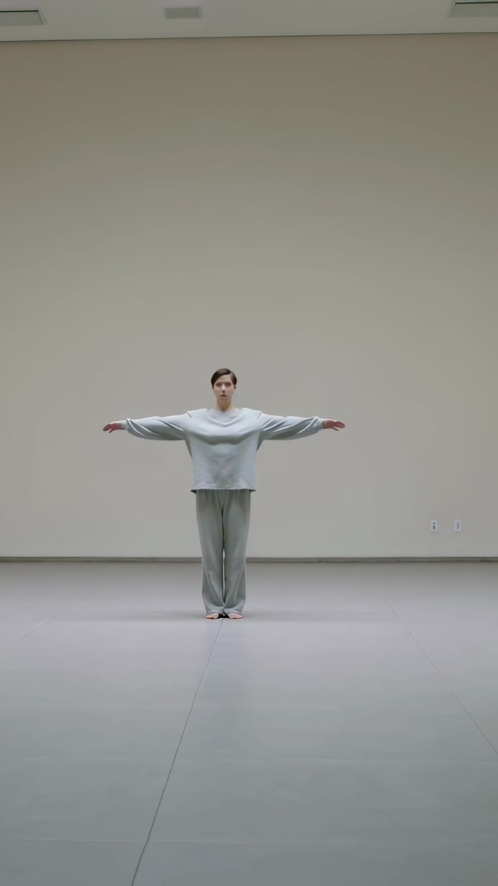 Video verticale: Ballerina a piedi nudi che si alza da una posizione di riposo, con le braccia a T sul pavimento dello studio, mentre prova.