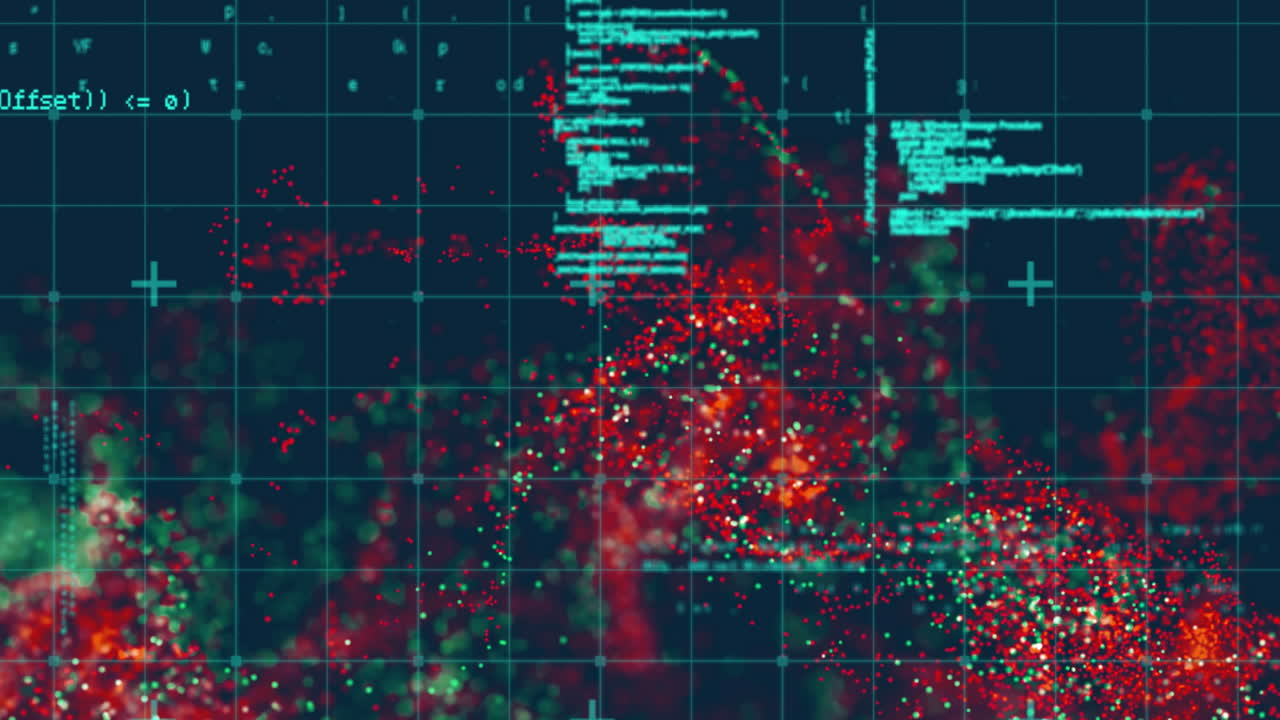 Animation of shapes with light spots over data processing on black background