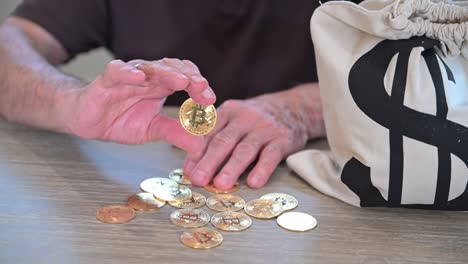 senior citizen holding a symbolic bitcoin with a bag full of cash and a pile of symbolic cryptocurrency