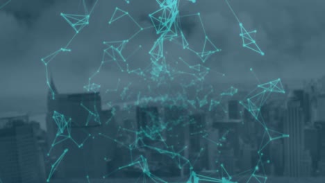 Animation-of-network-of-connections-floating-over-aerial-view-of-cityscape