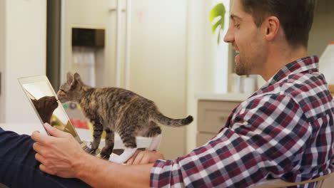 Young-man-showing-laptop-to-his-pet-cat-4K-4k