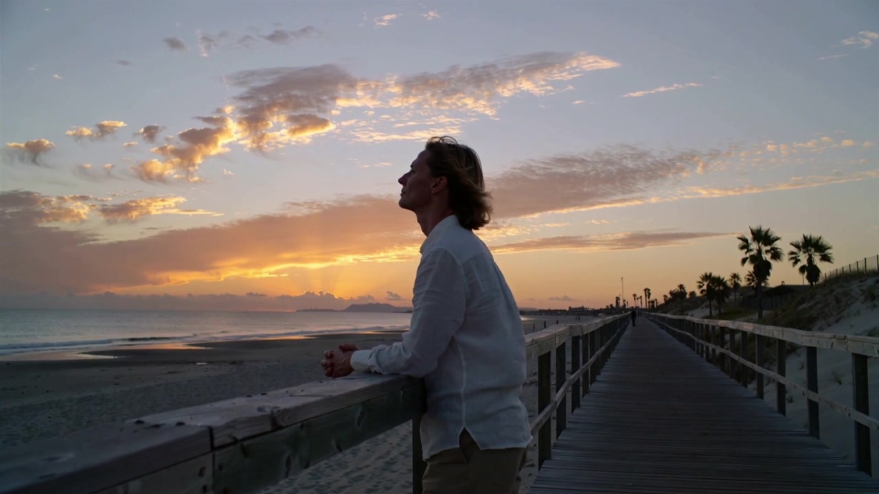 Uomo appoggiato a una ringhiera, con il mento alzato, al tramonto sotto un cielo che si oscura, indossa una camicia chiara, con spazio per il testo.