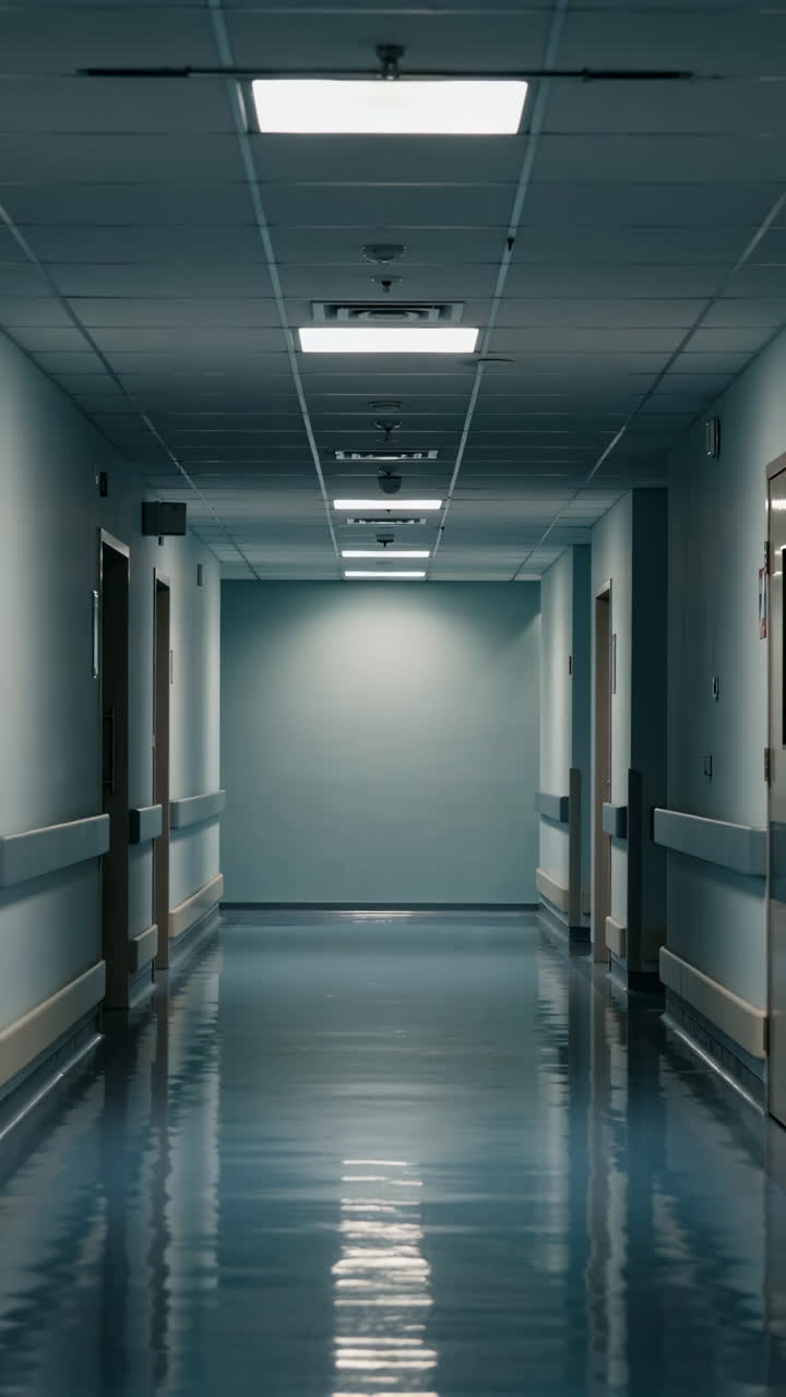 Empty Hospital Hallway with Fluorescent Lights