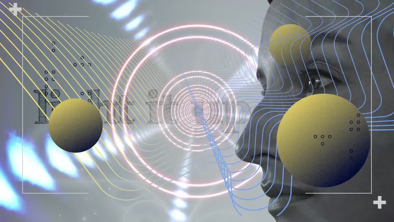 formas abstractas coloridas sobre vista lateral de una mujer contra iluminarlo texto en fondo gris