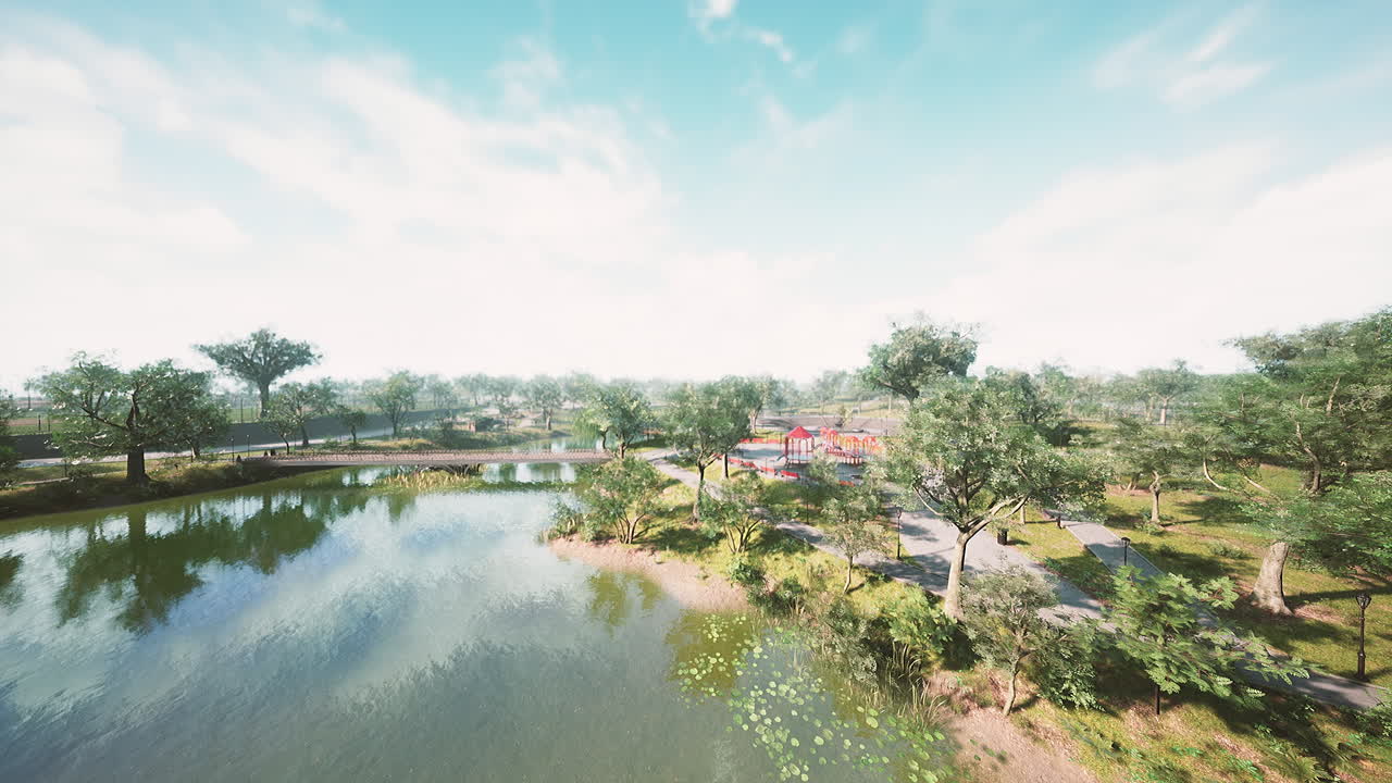 호수 를 가진 도시 공원 의 풍경