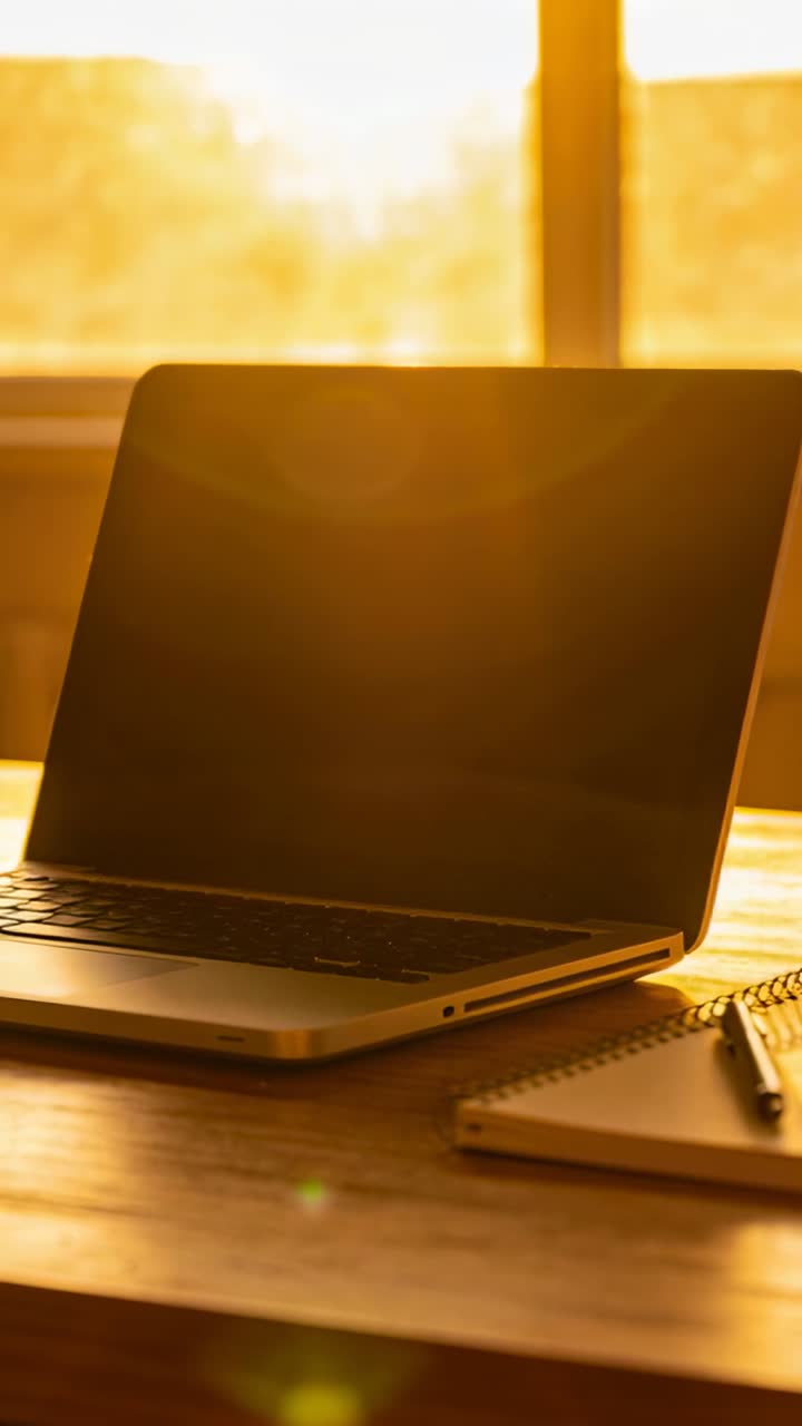 Vertical video: Shifting sun lighting laptop at home desk making flare across screen and notebook