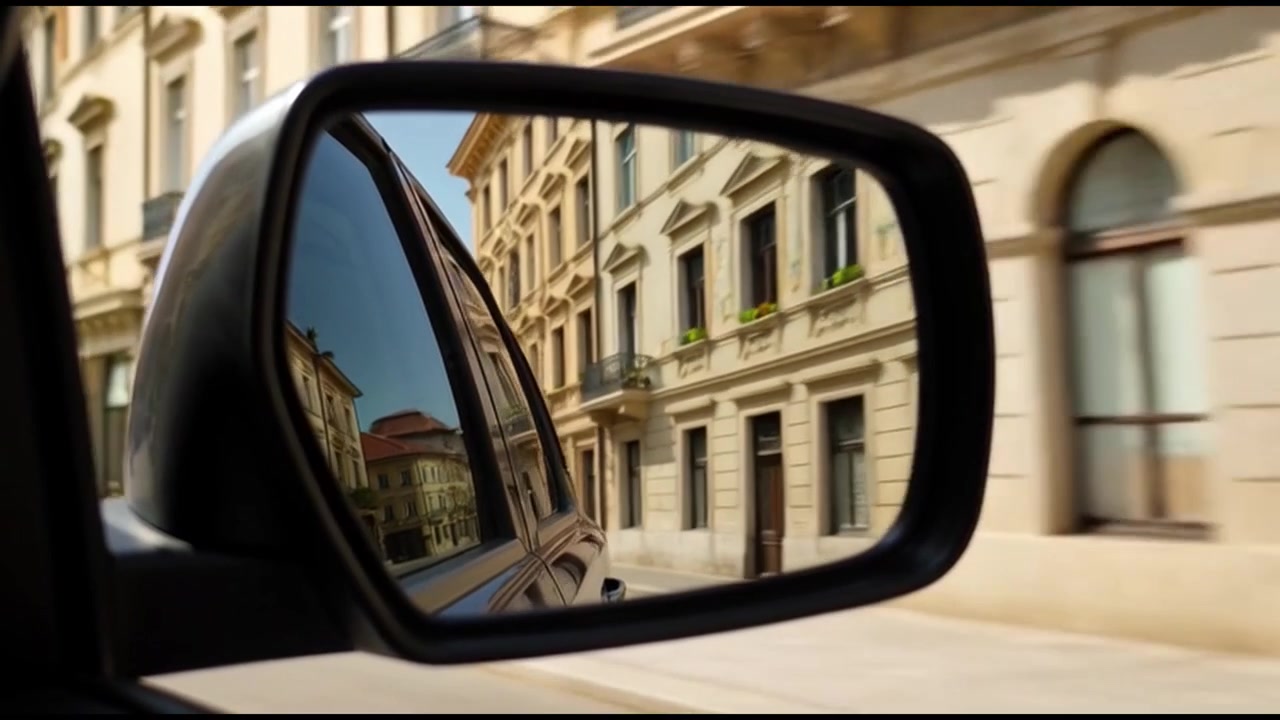 Vista de una calle de ciudad europea reflejada en el espejo lateral de un coche