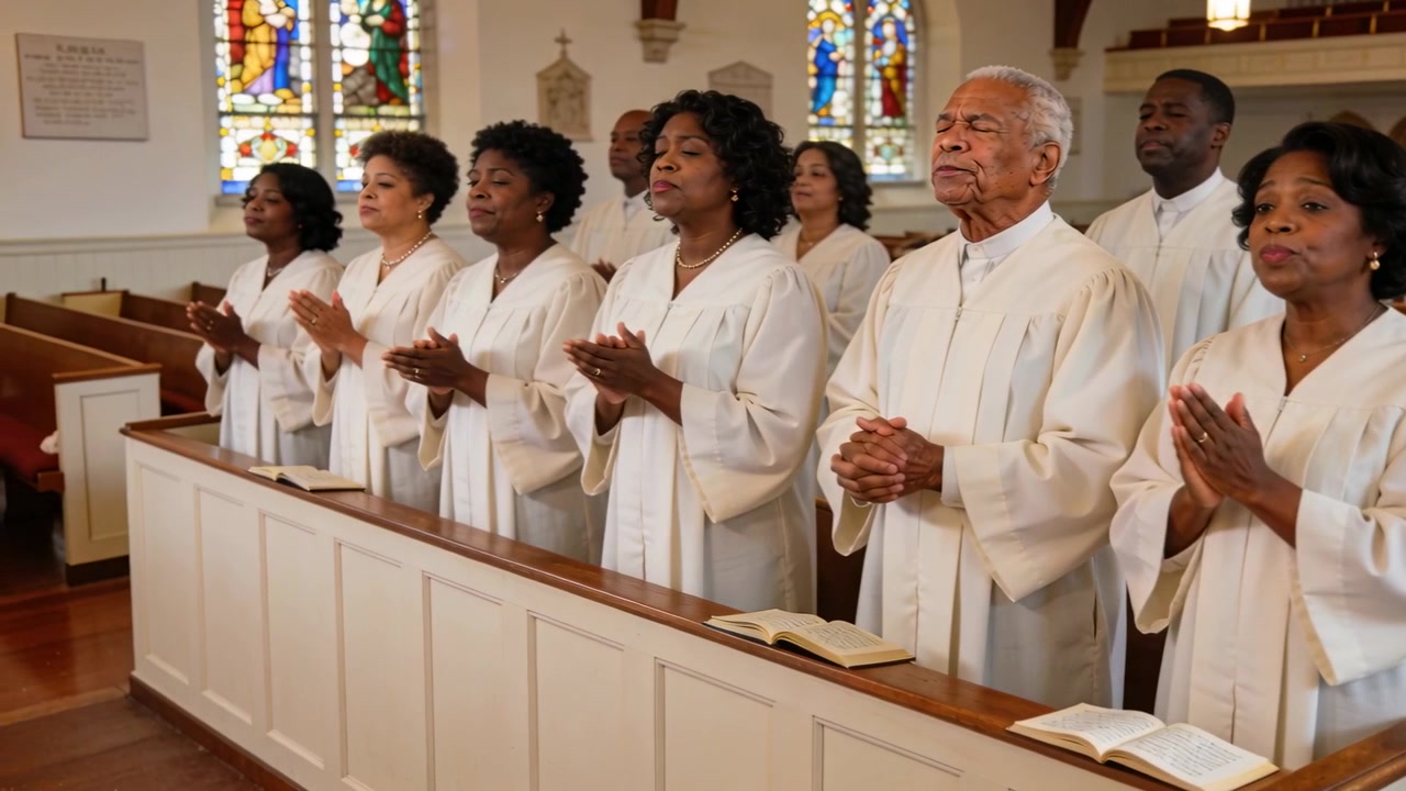 Singing church choir in white robes following hymn starting at sanctuary railing, with open hymnals