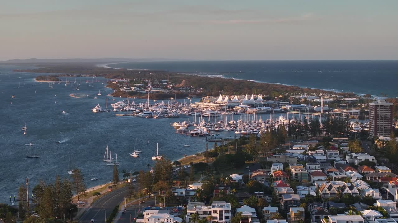 The Spit Gold Coast and Sea World, aerial view of Australian big city. Drone tele