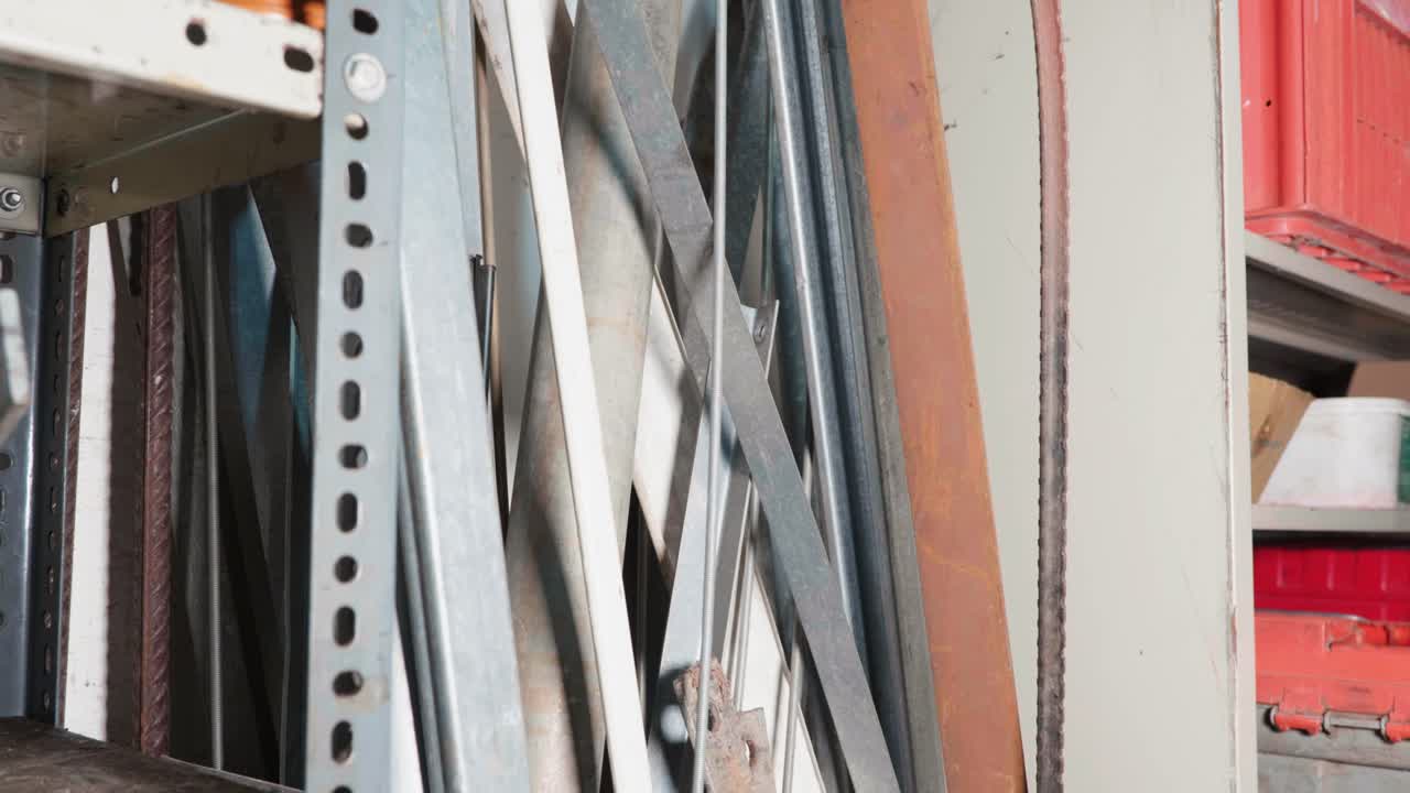 Metal scraps in corner in workshop
