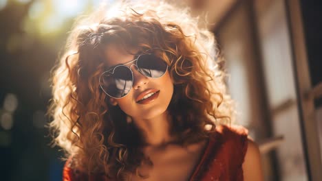 close up portrait of a confident young woman with curly hair and sunglasses, illuminated by warm sunlight, creating a glamorous and fashionable atmosphere