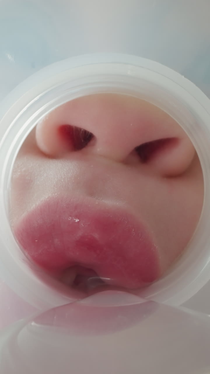 Preschooler girl presses plump lips to neck of plastic bottle. Cute child feels thirsty and drinks fresh water in small sips macro low angle shot