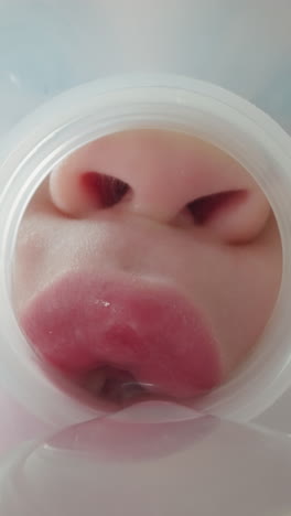 preschooler girl presses plump lips to neck of plastic bottle. cute child feels thirsty and drinks fresh water in small sips macro low angle shot