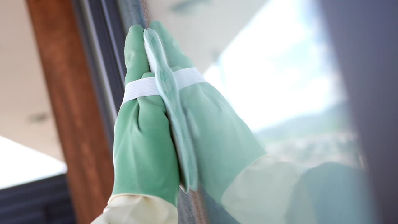 Cleaning Windows with Green Gloves