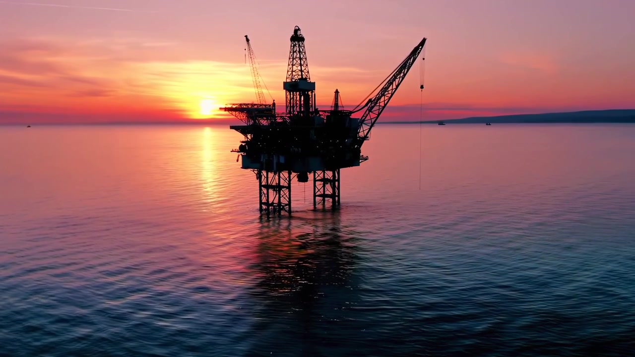 Offshore Oil Rig Silhouette Against a Dramatic Sunset Sky