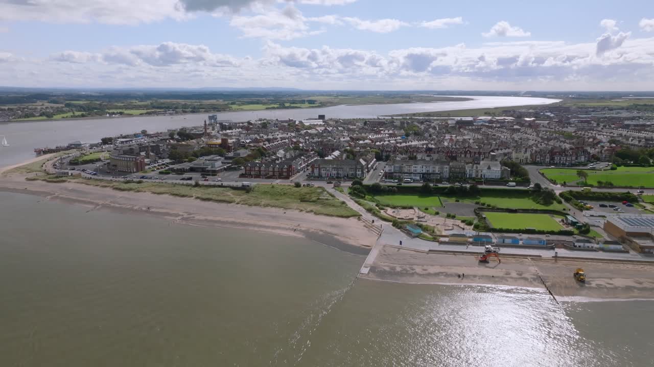 Fleetwood, Town North End At River Wyre Estuary. Camera Rise Up Revealing River And Town Structure. Lancashire, UK