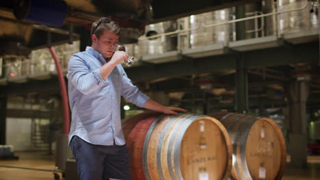 young man wine tasting in a wine factory warehouse