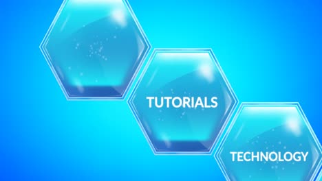 animación de educación y aprendizaje iconos hexágonos azules y texto sobre fondo azul
