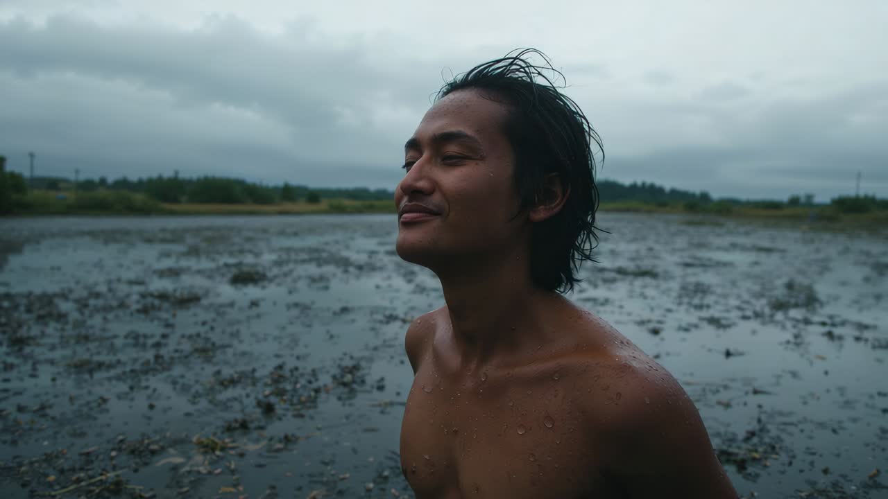 水に触れた後、目を開けた上半身裸の男性が、泥だらけの沼地を見渡すように体をひねっている。水滴。