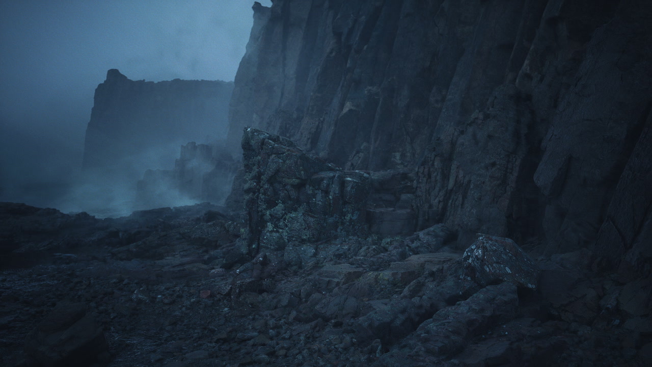 Solitary rocky shoreline enveloped in mist and mysterious silence