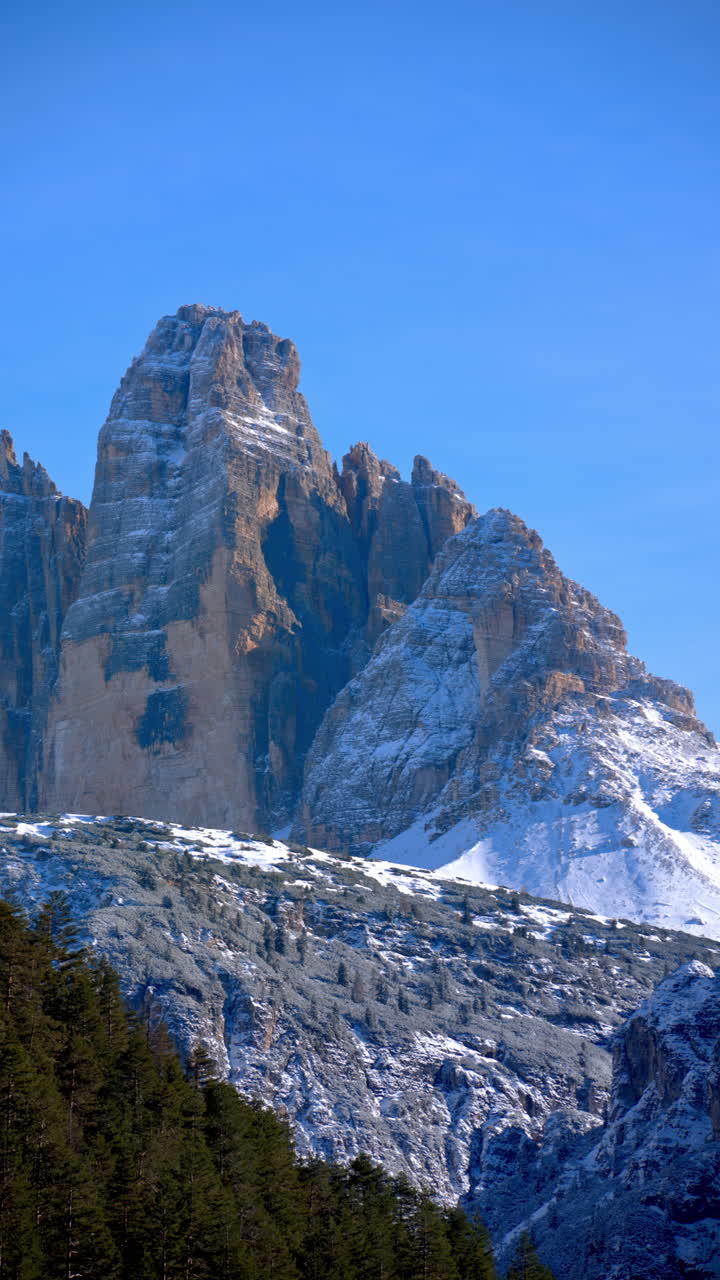 View of snow on the trees and mountains in the Dolomites, Italy with the cloudy sky on the background. Vertical