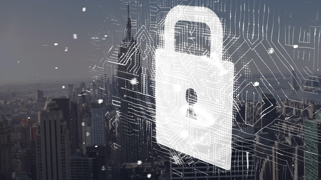 animación de un candado digital sobre el paisaje urbano