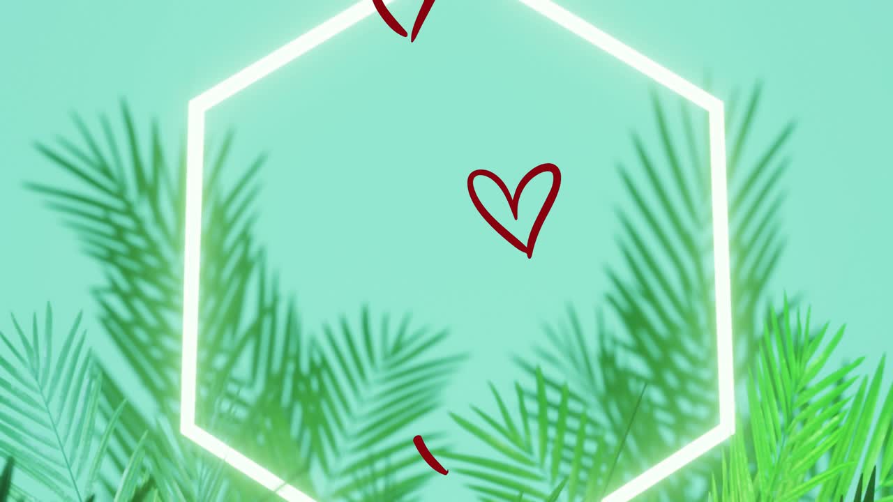 Faint hexagon forming, neon outline brightening, lighting leaves while hearts settling for focus