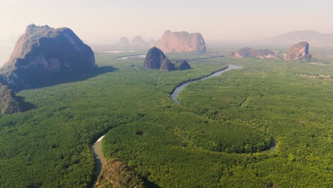 aerial ao phang nga national park, southern thailand, islands forest jungle mangrove and limestone mountains , drone above scenic landscape dreamy travel destination in asia