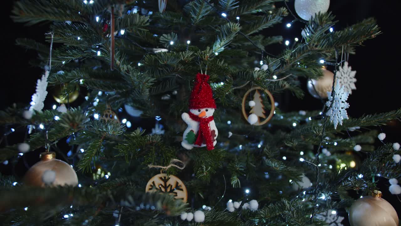 Close-up of a decorated Christmas tree with ornaments and twinkling lights
