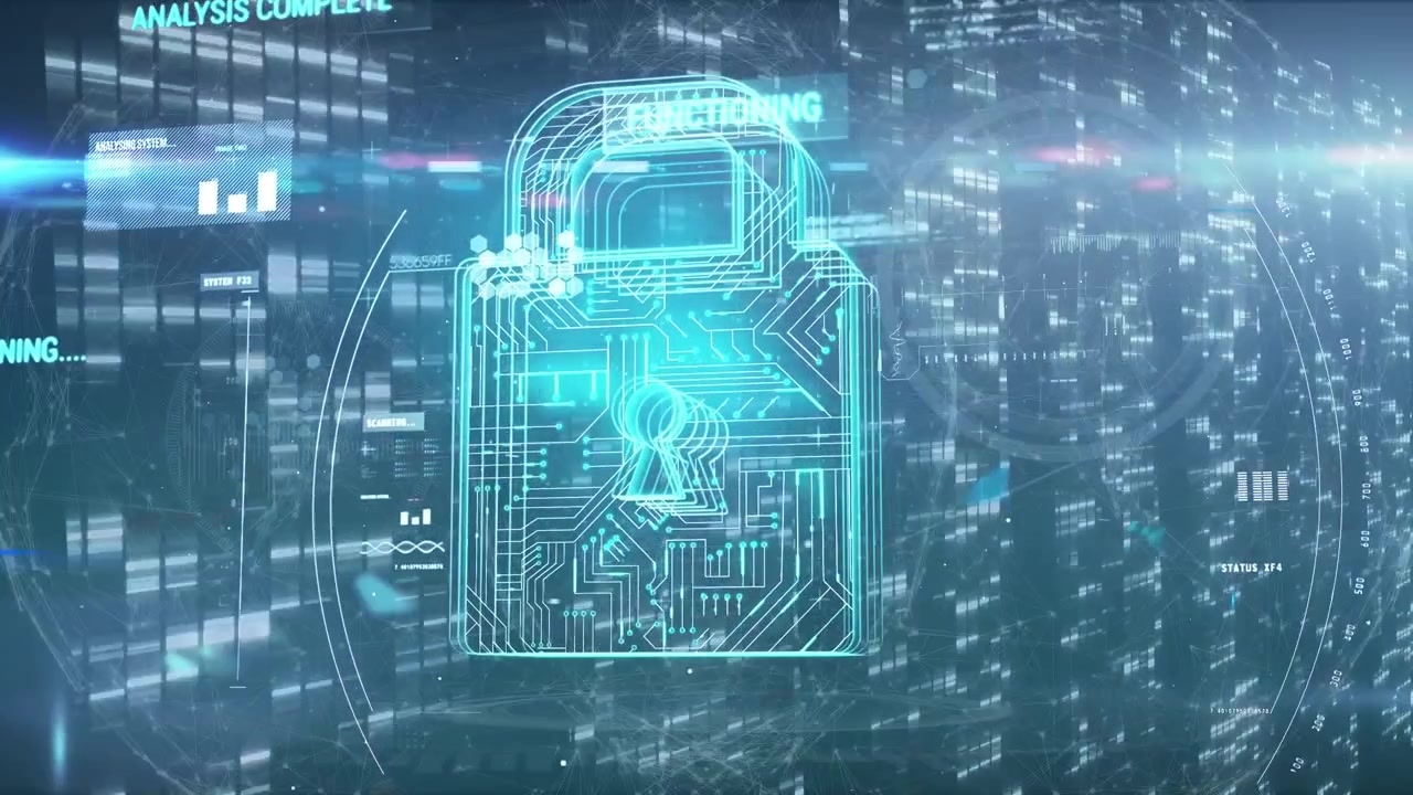 Animation of digital padlock over data processing and lights