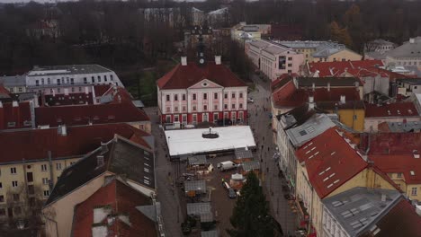 drone shot of tartus town hall and preparation of building christmas market.